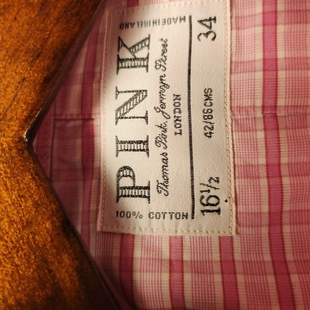 Thomas Pink Dress Shirt Mens 16.5 34 Pink White Check Button Down Double Cuff
